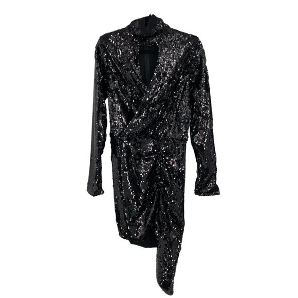 NWT PINKO Black Long Sleeve Stretch Asymmetric Hem Mini Sequin Dress Sz 12/EU 44 - Picture 2 of 16